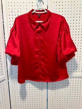 Versona Red Satin Puff Bubble Sleeve Button Down Blouse Women's Medium